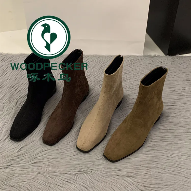 啄木鸟粗跟绒面韩系小踝靴女鞋2025新款秋冬季马丁靴咖色瘦瘦短靴
