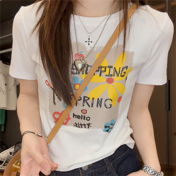 个性涂鸦印花短袖修身时尚设计感女生韩系ins甜美可爱风格衣服T恤