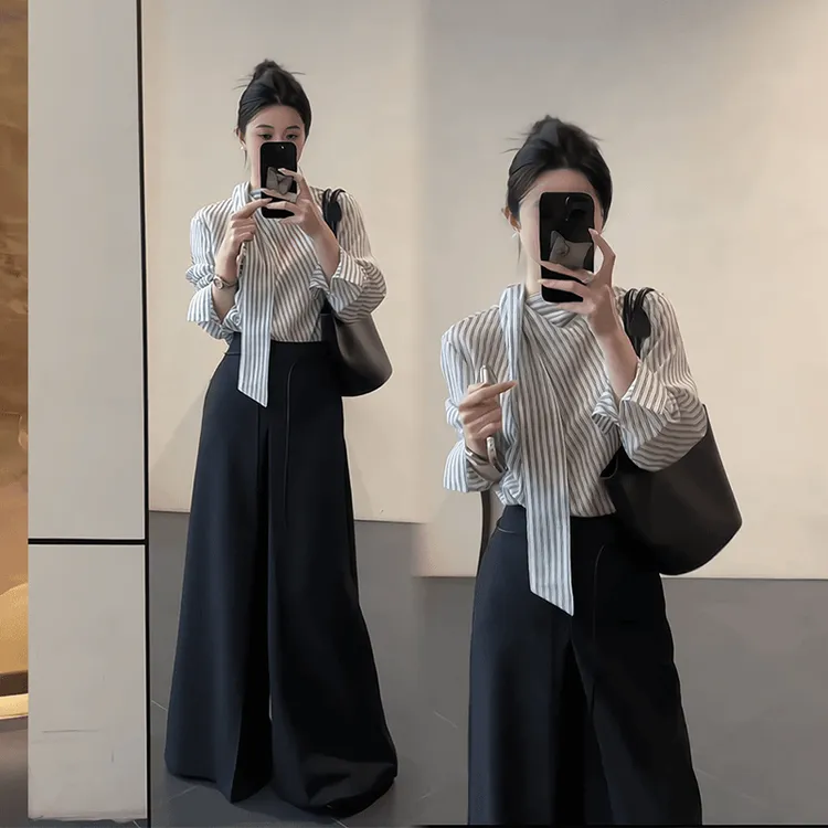 2025春季新款高级感御姐穿搭白灰色侧系带条纹衬衫搭黑西裤两件套
