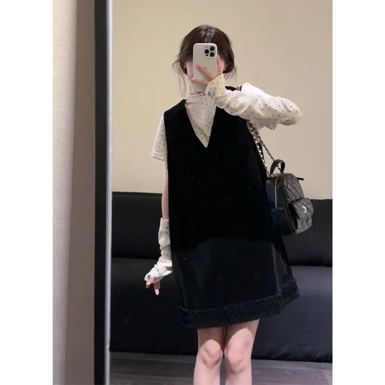 2025秋季新款女韩系穿搭圆领百搭波点上衣气质V领花边背心连衣裙