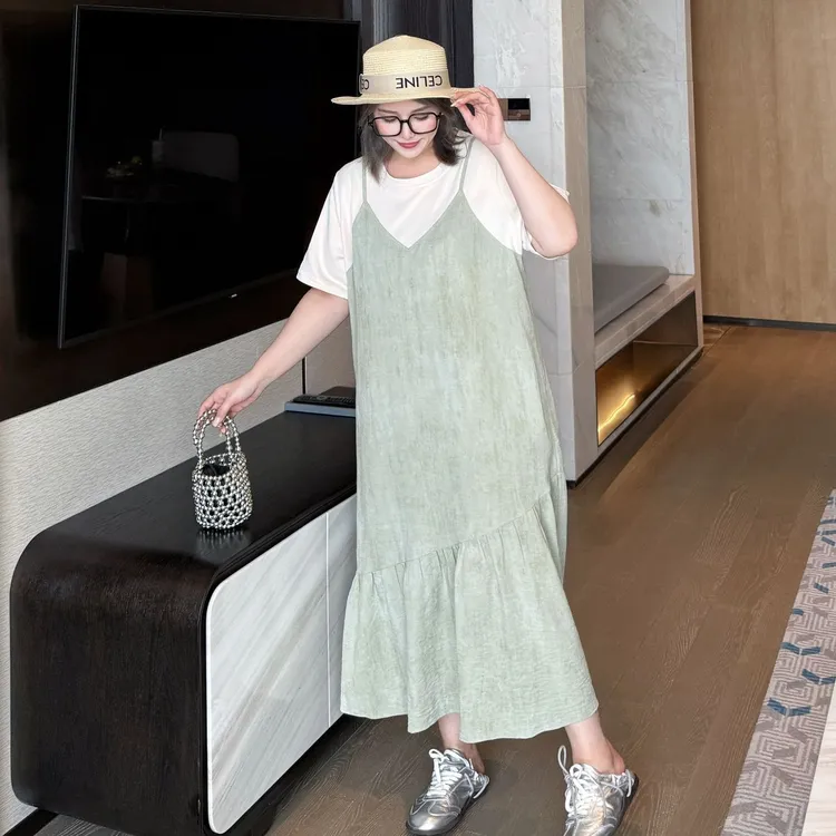 媛子大码扎染假两件鱼尾连衣裙洋气高级感宽松显瘦25夏季新款女士