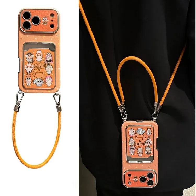 卡通橙色镭射哭娃卡包皮纹适用iPhone17pro手机壳苹果16pro卡包15