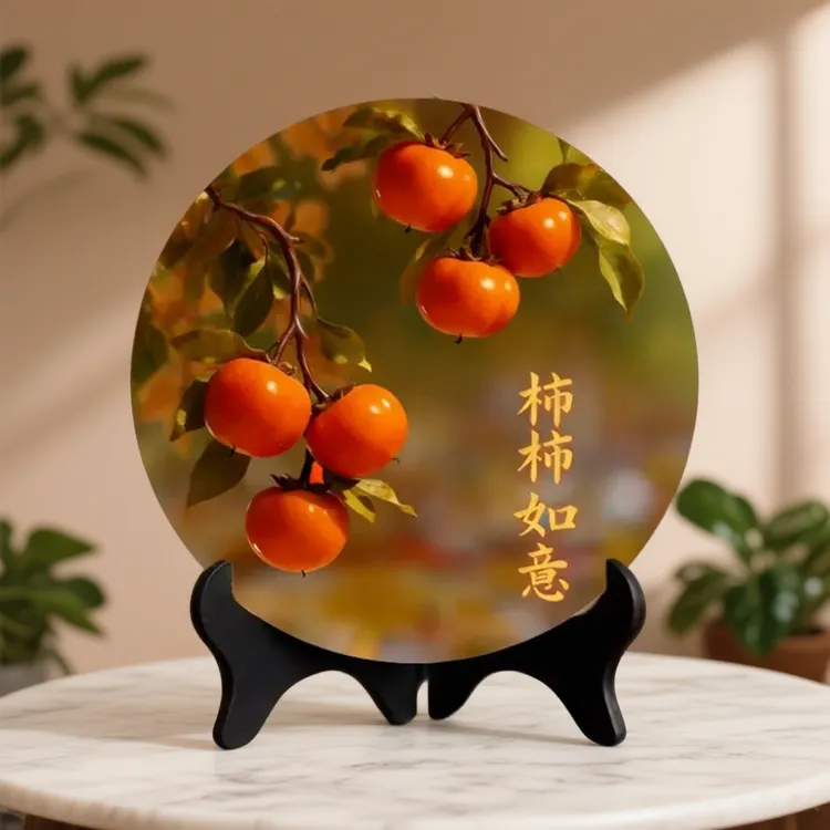 【两件套】柿柿如意摆件新中式现代装饰画办公室桌面玄关摆台送佳礼