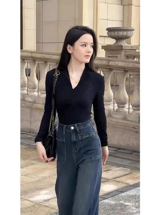 早秋chic上衣黑色气质v领长袖t恤女秋冬季内搭打底衫修身收腰显瘦