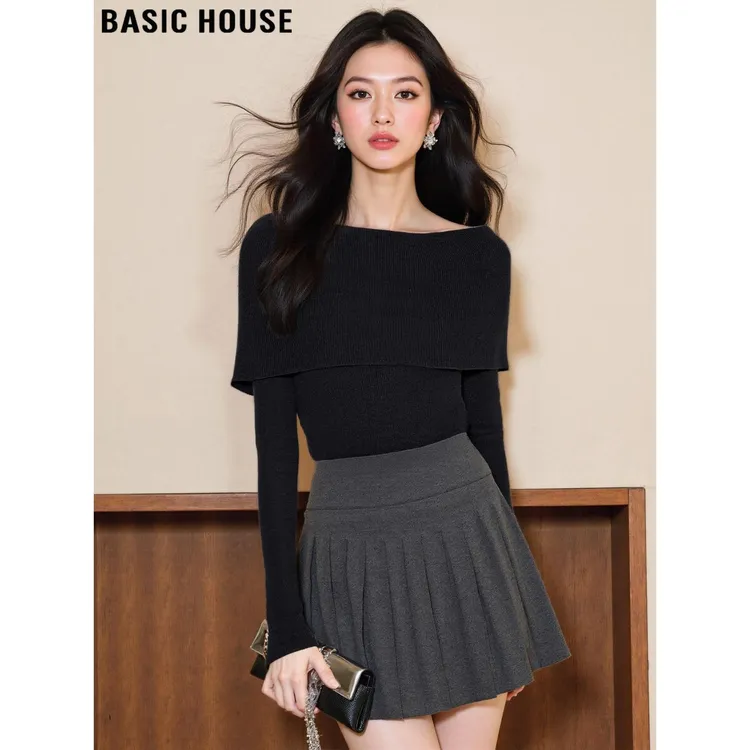 Basic House/百家好法式黑色一字肩长袖针织衫女2025秋冬打底上衣