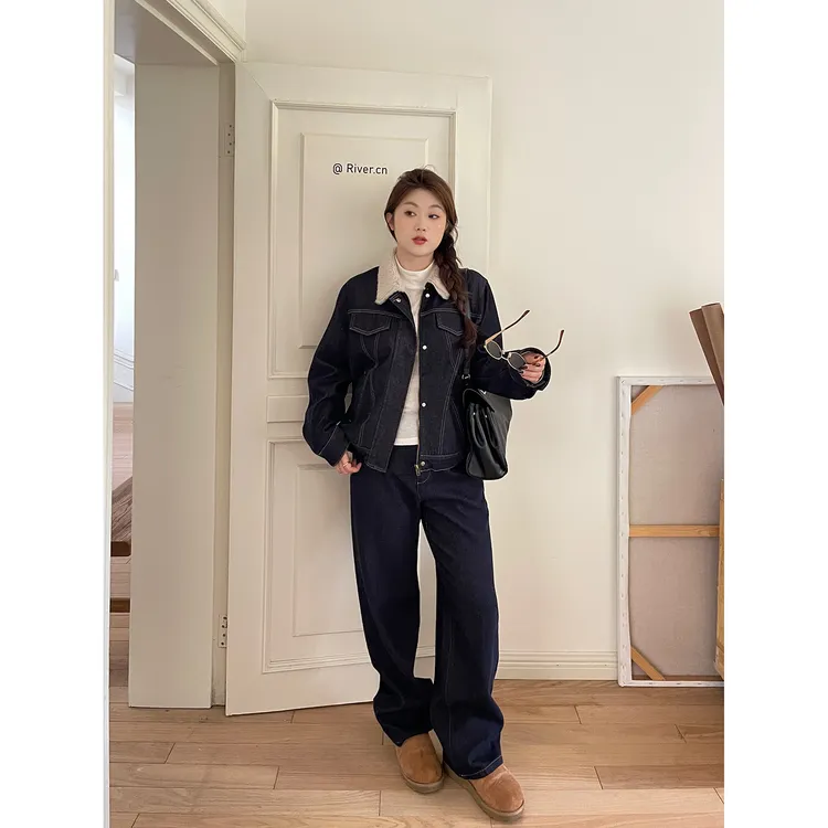 裂渡宣宣【心动crush】微胖大码女秋加绒外套+牛仔裤套装ZY509A27