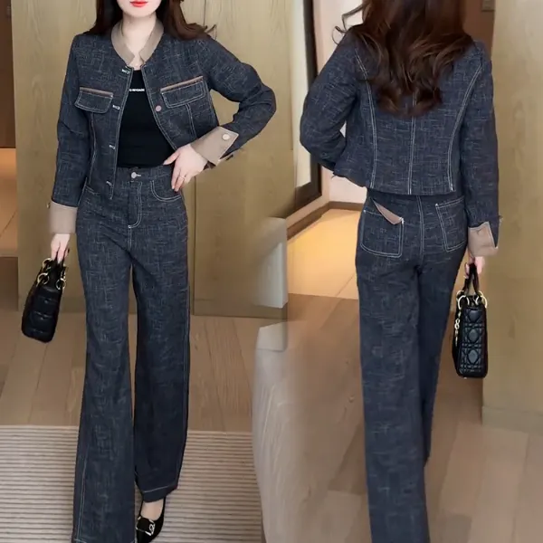 时尚休闲减龄套装女2025秋季新款洋气显瘦短外套阔腿裤气质两件套