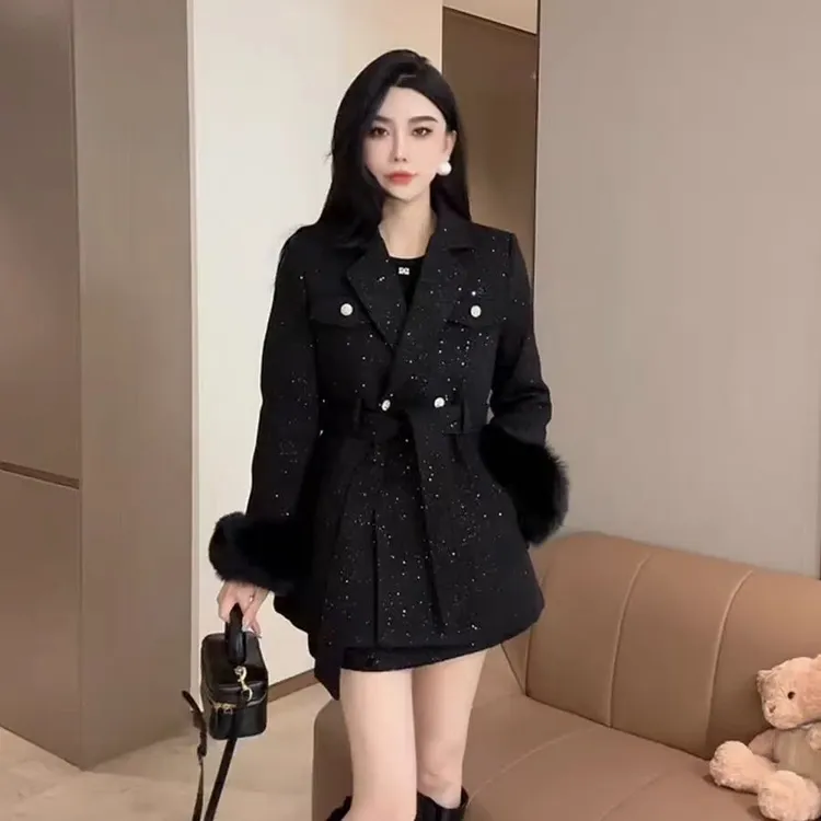 1759满天星名媛风外套年冬新款时尚洋气西服领毛毛袖中长款大衣