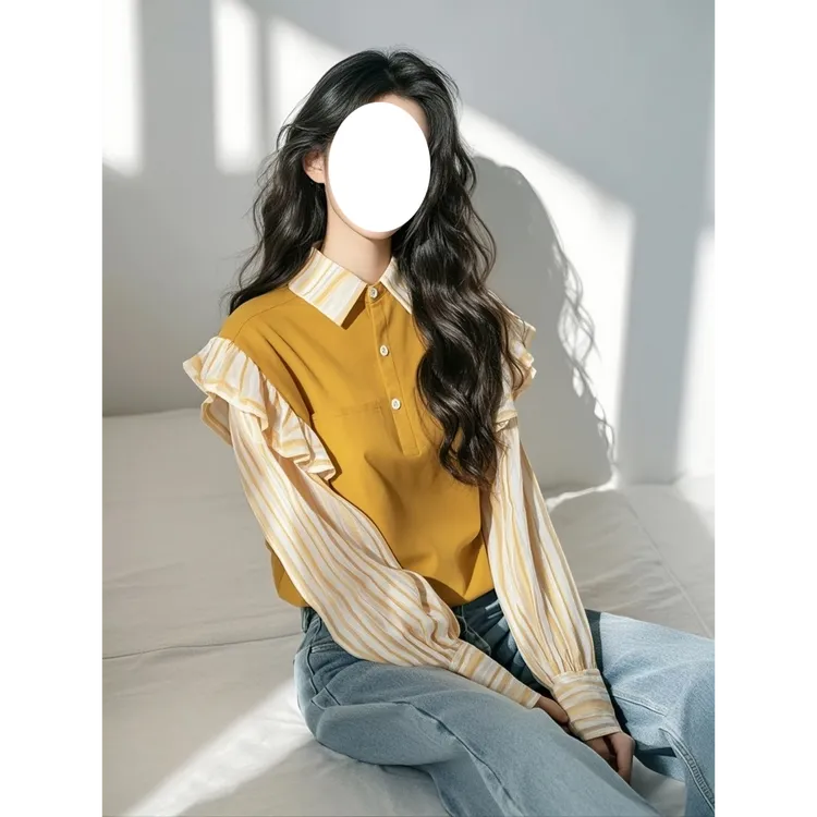 黄色条纹假两件衬衫女2025年早春新款荷叶边小众别致洋气小衫上衣