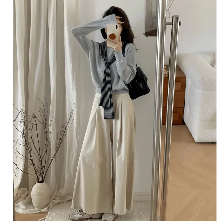 2025春季搭配一整套懒惰风针织毛衣披肩阔腿裤显瘦三件套装女