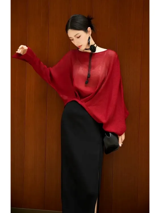 法式复古时尚超显白简约高级感红色上衣高腰包臀半身裙早秋两件套