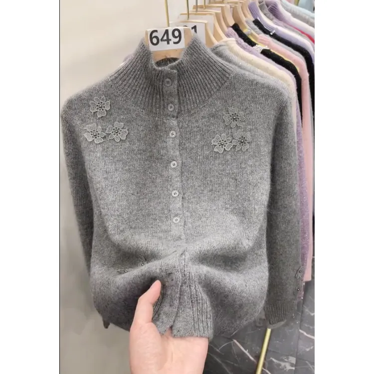 2026秋冬新款半高领长袖针织开衫女气质端庄优雅舒适大码毛衣