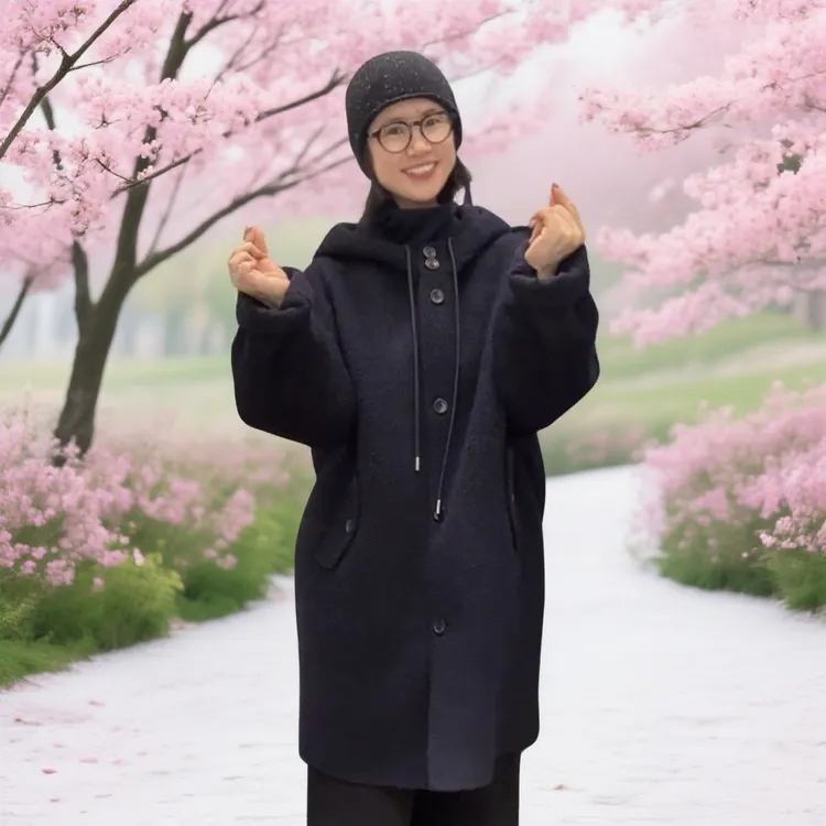 新思维秋冬新款藏青色双面手缝连帽大衣中长款宽松休闲高级感气质