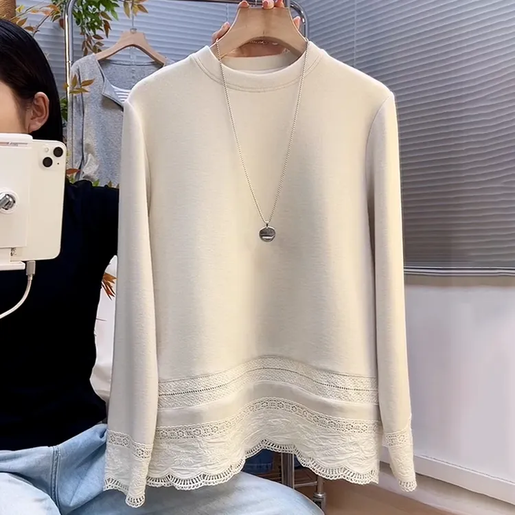 法式蕾丝拼接双面德绒上衣女2025秋冬新款加厚保暖宽松显瘦打底衫