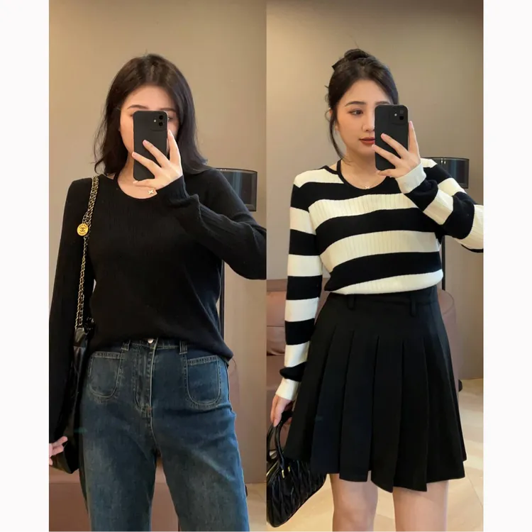 大萌萌 秋冬镂空V领宽松内搭打底针织衫微胖显瘦百搭女P225X19682