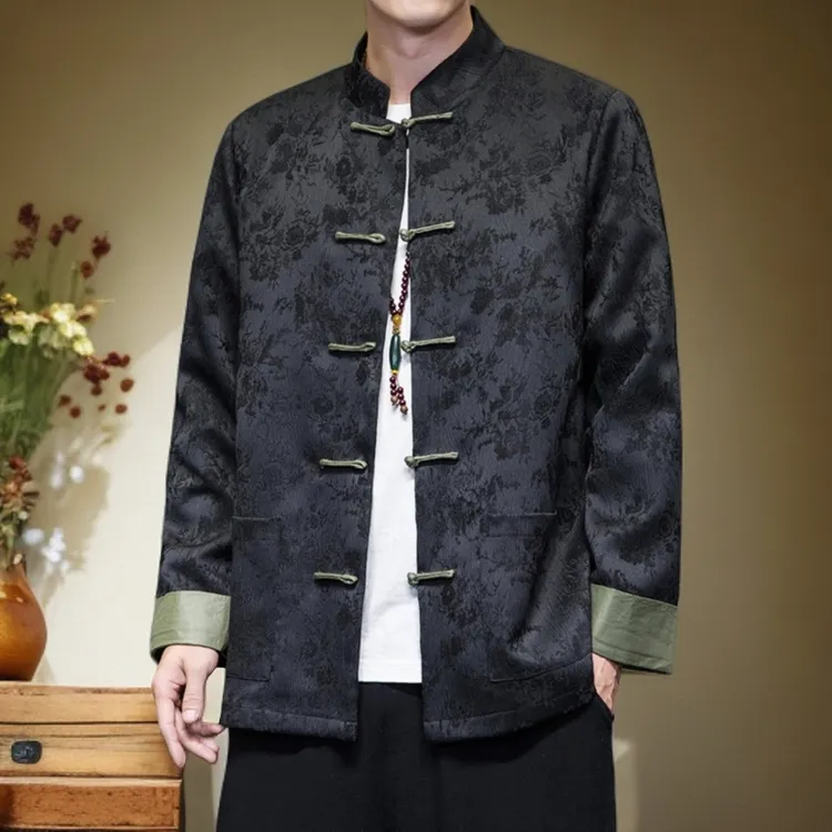 中式春秋提花暗纹唐装外套男士对襟盘扣汉服夹克上衣民族风中山装