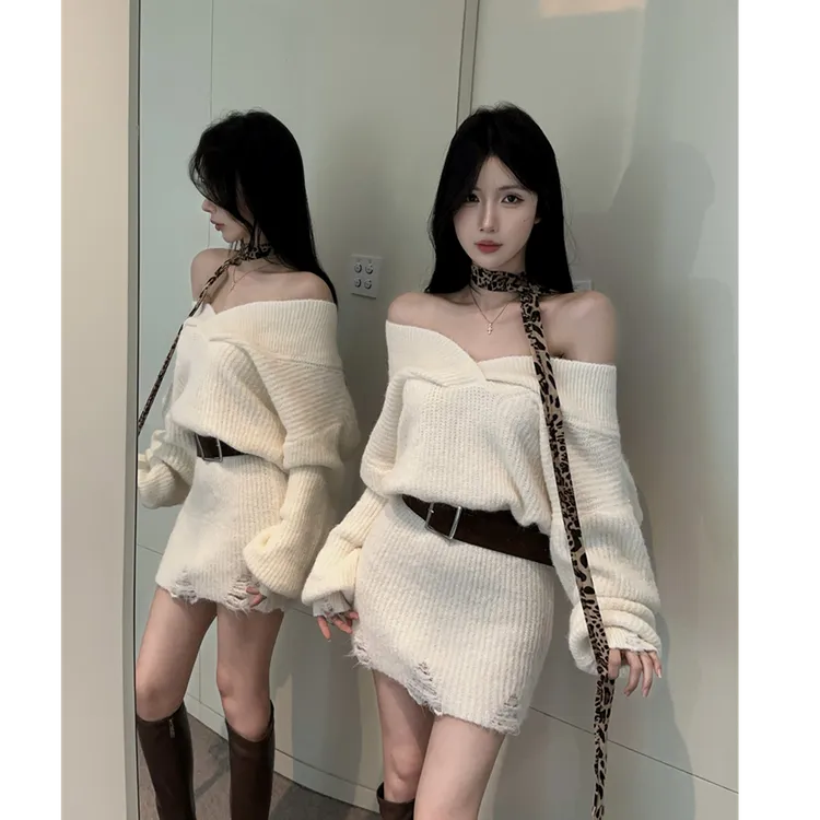 秋冬新款名媛风V领修身辣妹毛针织短裙性感包臀破洞加厚连衣裙