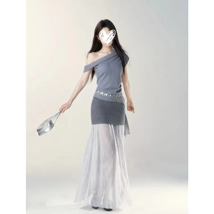 法式气质优雅设计肌理感斜肩修身显瘦a字时髦套装时尚性感渐变