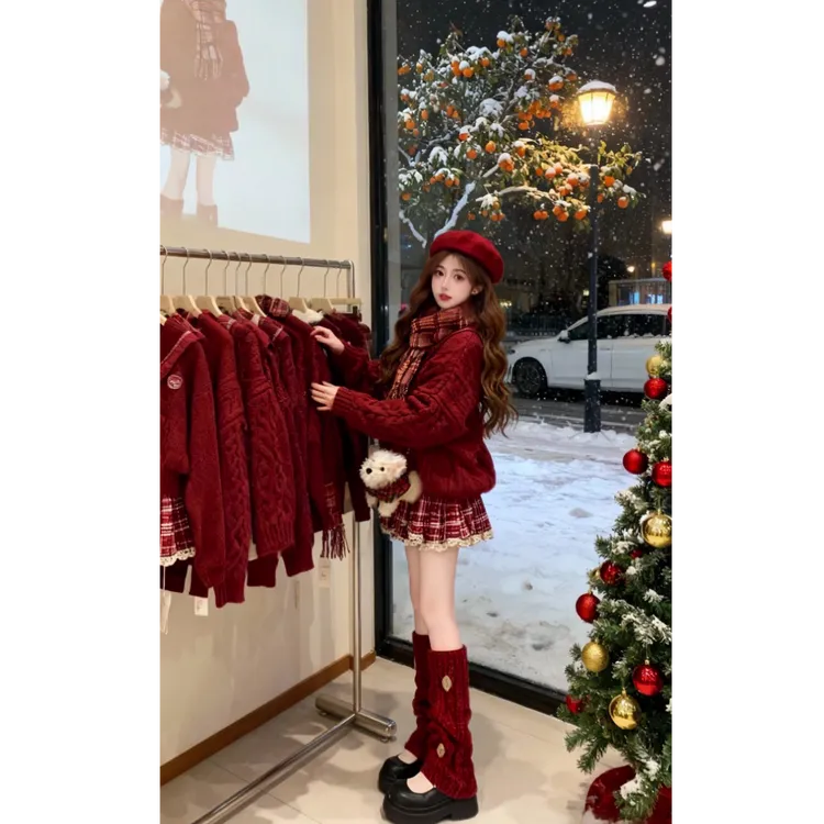慵懒风圣诞新年红色毛衣女秋冬季2025新款格子百褶半身裙两件套