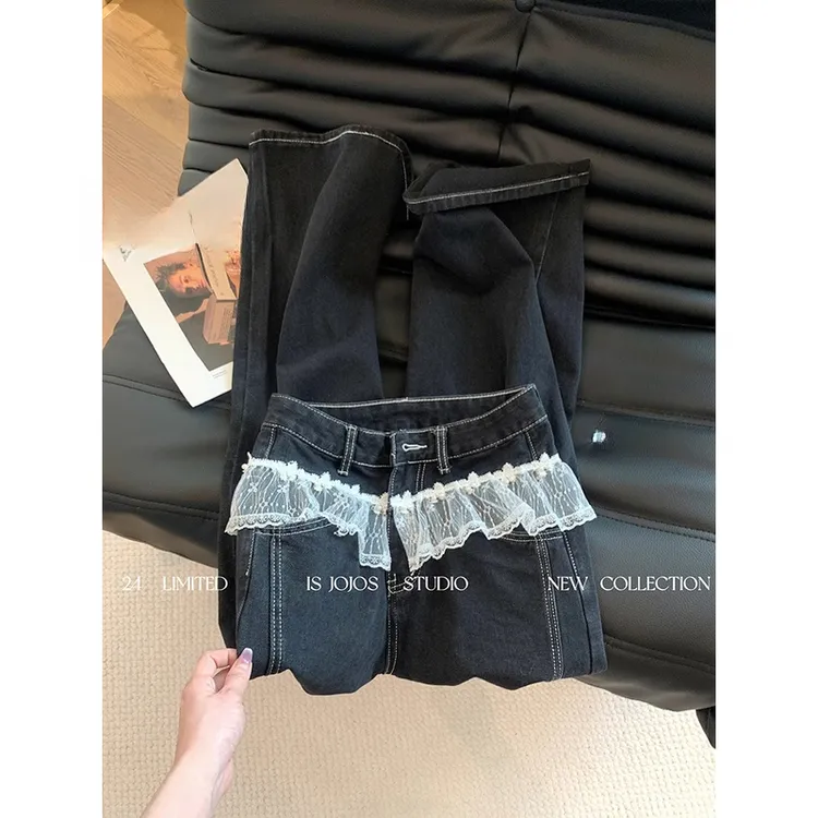 2025新款黑色蕾丝花边拼接牛仔裤女韩系休闲宽松阔腿显瘦直筒裤子