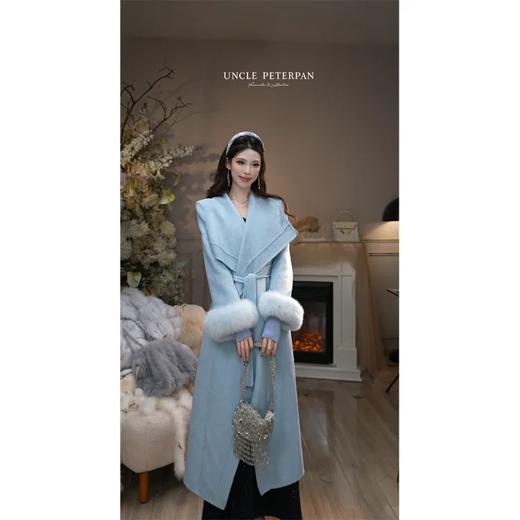 彼得潘大叔厚实可拆卸毛毛袖套蓝色奢华系带保暖毛呢外套