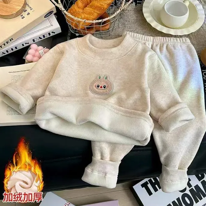 新款【套装宝宝】男女童加绒加厚保暖秋冬儿童家居服卡通打底上衣