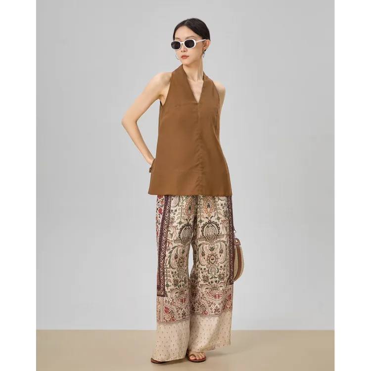 （山野良木）小众设计复古纯色V领背心无袖上衣+民族风阔腿裤T5202#