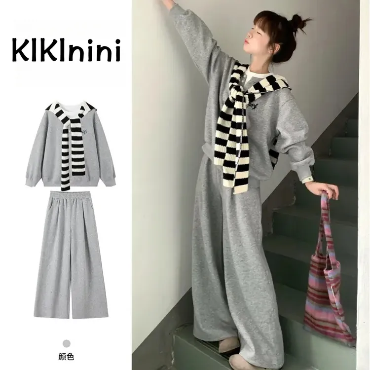 秋装韩系假两件卫衣套装早秋女慵懒休闲运动宽松阔腿裤三件套外穿
