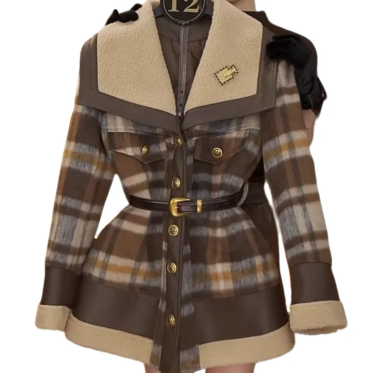 毛呢格子拼接加棉外套女2024新款冬季高品质今年流行格子爆款穿搭