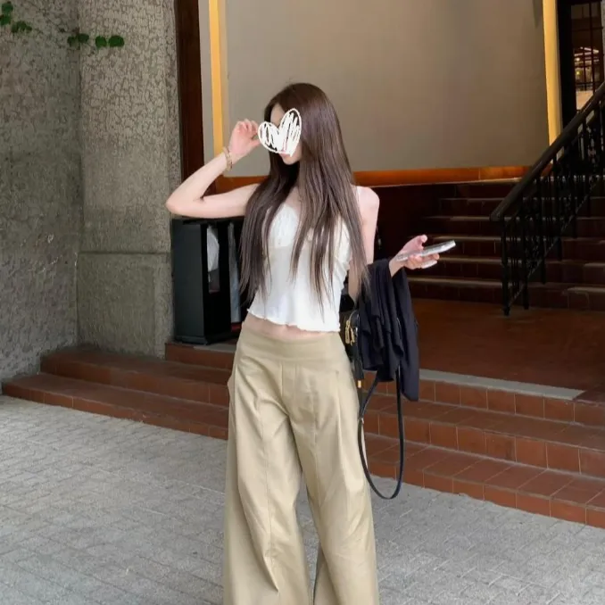 慵懒风裤子设计感卡其色休闲裤女夏季高腰显瘦宽松阔腿裤拖地长裤