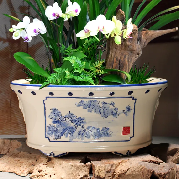 和陶官方青花瓷彩绘陶瓷花盆椭圆形盆景盆复古大号