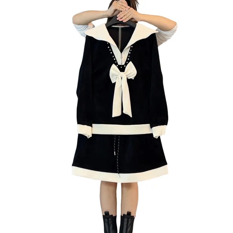 大维罗依 DD新款大码翻领蝴蝶结名媛风气质显瘦套装