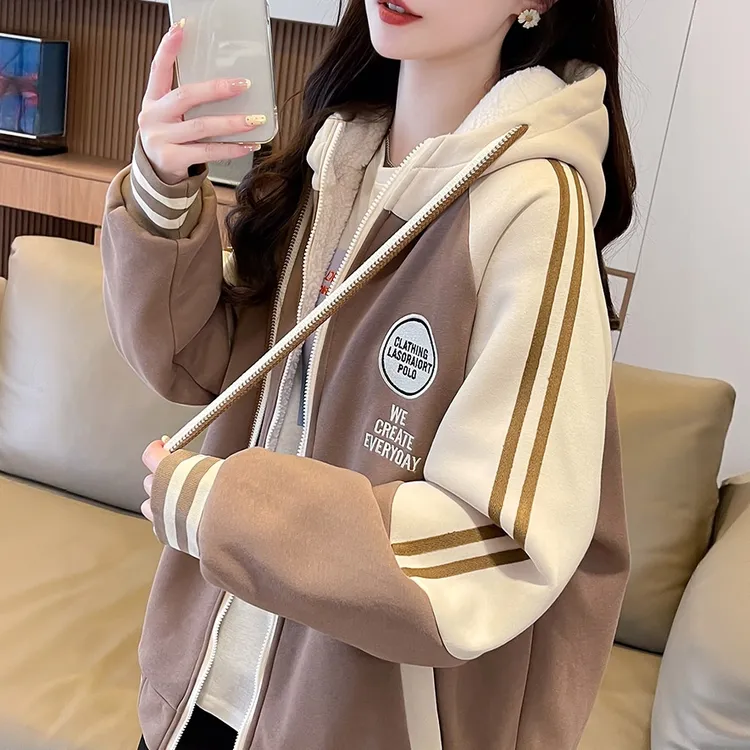加绒加厚棒球服女冬季棉服初高中学生宽松休闲大码连帽卫衣外套潮