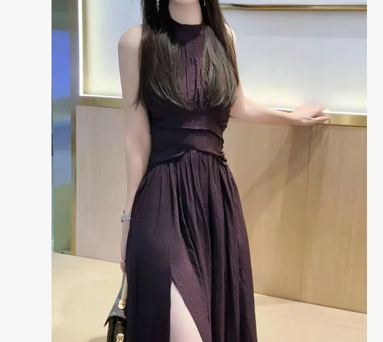 2026夏季御姐风洋气减龄紫色收腰开叉连衣裙女商品图