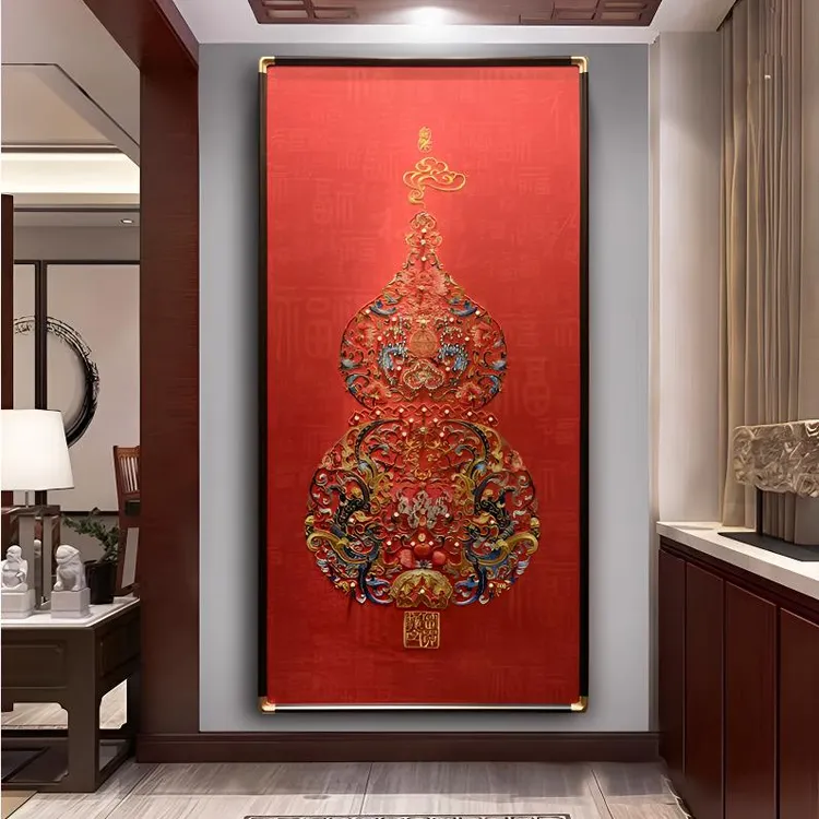手工钉珠高端刺绣新中式葫芦玄关装饰画走廊壁画喜庆寓意好
