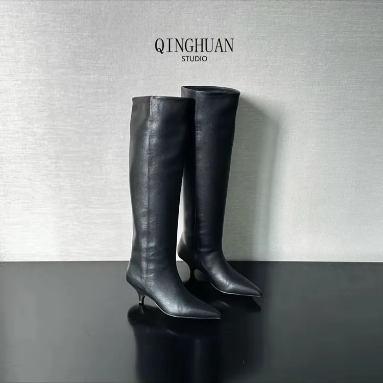 【清欢2店】超显腿直极简风小跟及膝靴 | 藏肉百搭真皮后缩跟 |5cm 