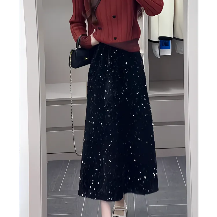 【加绒厚款】秋冬丝绒亮片大摆a字裙2025新款小香风遮胯减龄半身裙