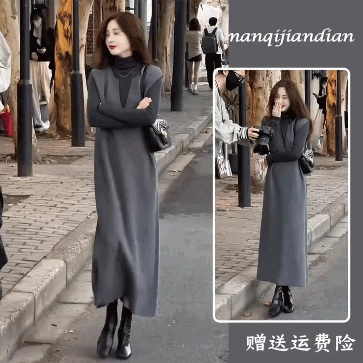 早春气场强大名媛气质女神范高级感韩系小香风灰色背心连衣裙套装