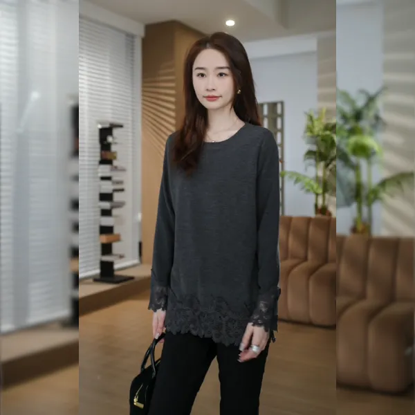 HELA AOMI “丝羊绒蕾丝T”拼接圆领打底衫百搭叠穿T恤CY5CN23104