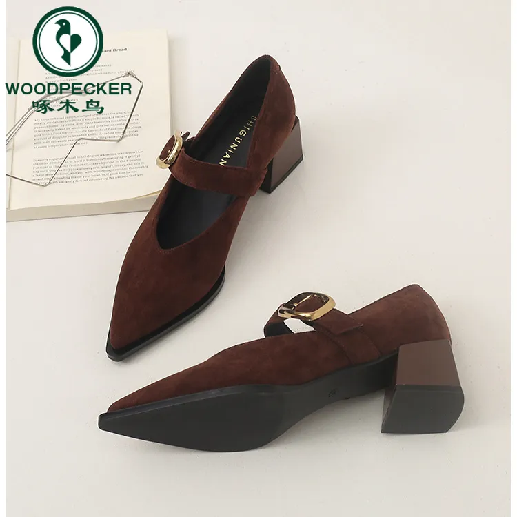 啄木鸟温柔气质法式绝美粗跟单鞋女2025秋季新款尖头不累脚高跟鞋