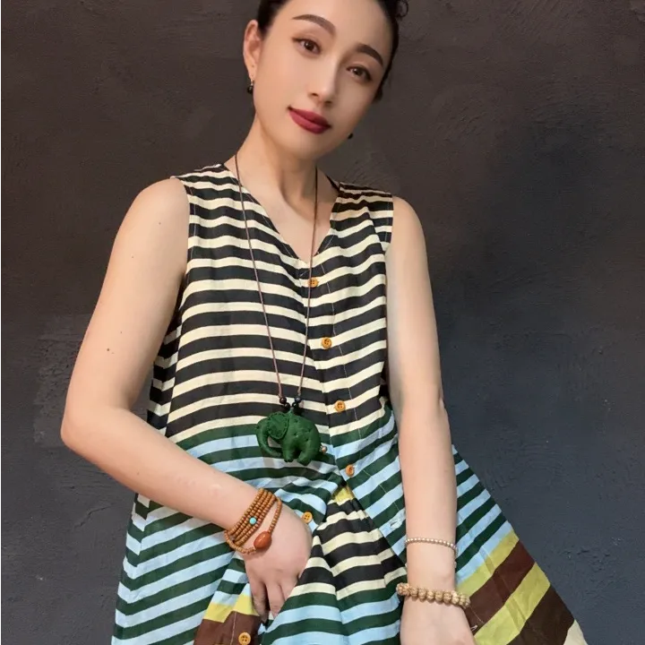 新款七彩条纹苎麻v领代扣无袖带里子中长款开衫袍子（定制款）
