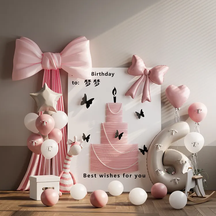 宝宝宴周岁生日场景布置装饰6岁女孩儿童粉色网纱蛋糕KT板迎宾牌