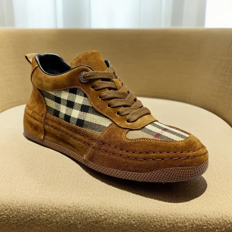 高端时尚复古高帮鞋男纯皮潮拼条纹布个性短靴子轻软厚底中邦板鞋