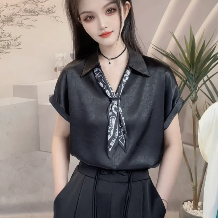 时尚韩版翻领短袖衬衫女士夏季气质显瘦小个子减龄系带丝巾上衣