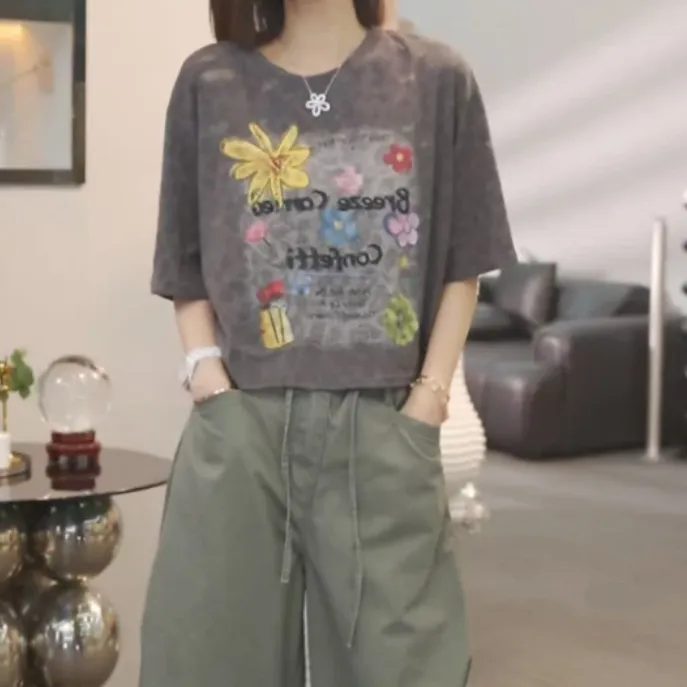 时尚休闲气质印花短袖T恤上衣女2025年夏季新款圆领洋气高贵上衣