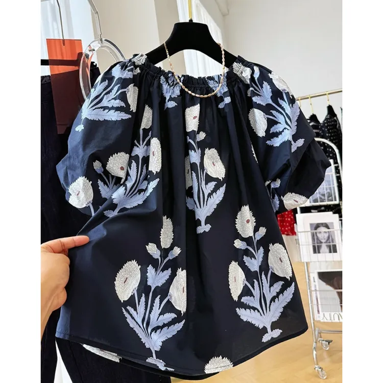 高级感轻奢复古印花泡泡短袖绝美很仙一字肩上衣女夏独特漂亮小衫