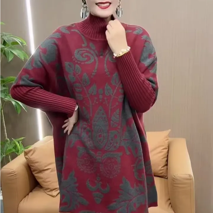 秋冬季高级潮流时尚中长款针织中老年妈妈保暖休闲显瘦毛衣大版衫