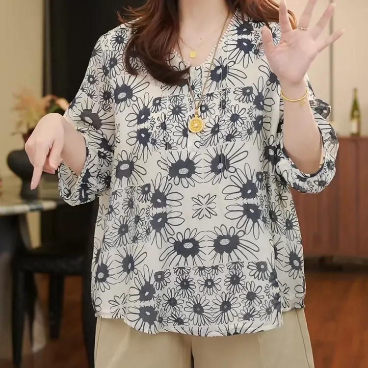 山野漫游碎花短袖衬衫女夏时尚薄款显瘦上衣C5448