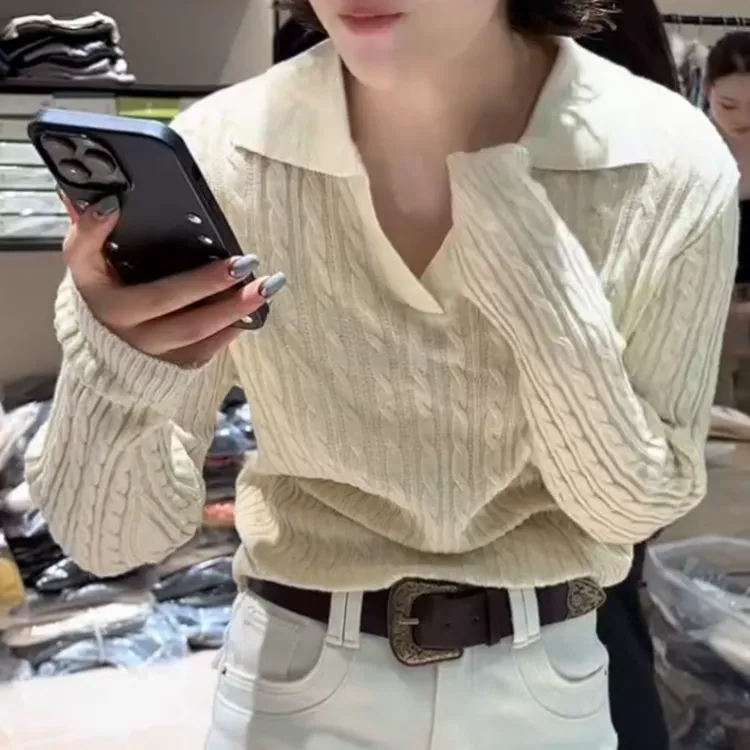 冬季时尚新款百搭显瘦韩系气质翻领老钱风针织polo上衣LK2508963