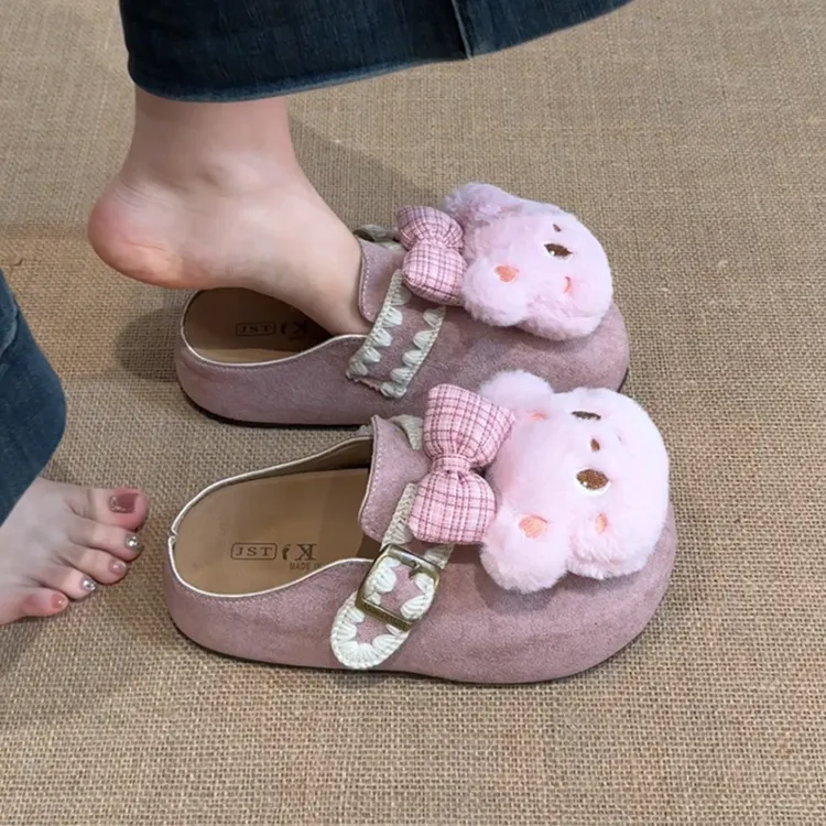 OJRZ可爱卡通少女心蝴蝶结小熊包头鞋女2025秋季新款复古百搭拖鞋